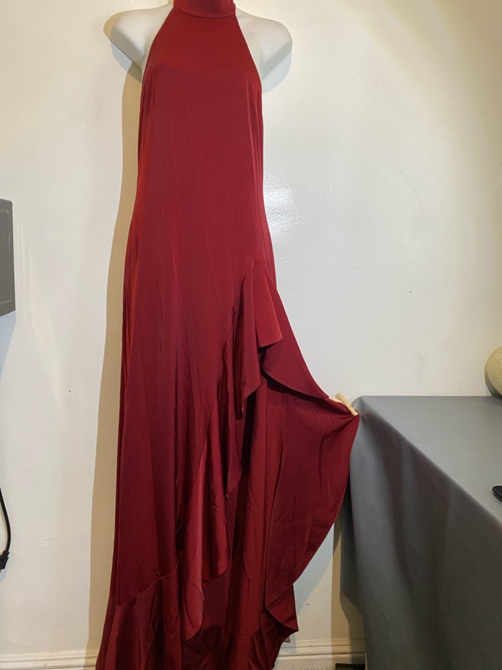NBD Wine Red Halter Ruffle Maxi Dress - Picture 2 of 10